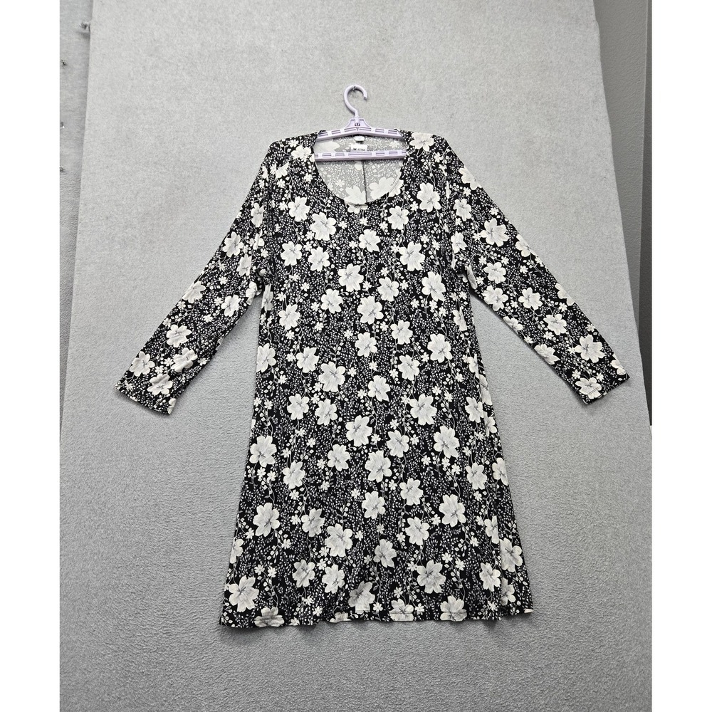 Old Navy Women Dress 2XL Black Floral Knee Length Shift Long Sleeve Pullover